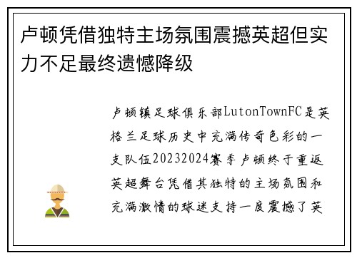 卢顿凭借独特主场氛围震撼英超但实力不足最终遗憾降级 卢顿凭借独特主场氛围震撼英超但实力不足最终遗憾降级